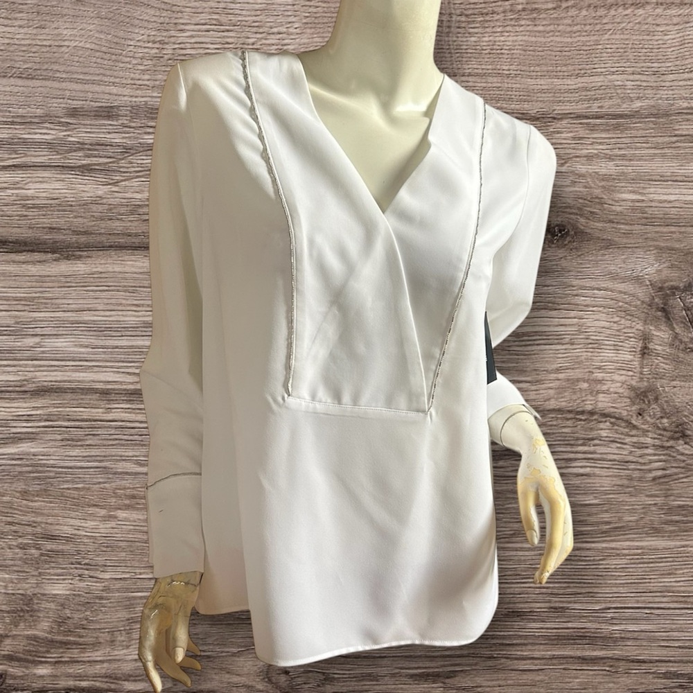 Alfani White V-Neck Cuffed Sleeve Blouse S